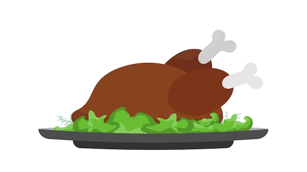 Vecteur dinde rôtie sur un plat avec une feuille de salade. poulet frit. bon pour la conception du thème de thanksgiving. isolé. vecteur.