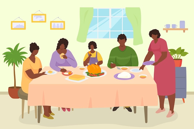 Vecteur dîner en famille vector illustration personnes homme femme personnage manger repas à table ensemble mère père...