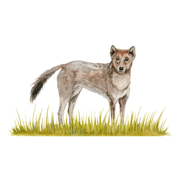 Vecteur dingo chien sauvage sur une bande de composition d'herbe illustration à l'aquarelle isolée sur fond blanc