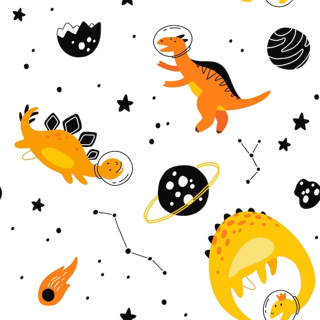 Dino Dans L'espace Modèle Sans Couture Dinosaure De Personnages De Dragon Mignon Voyageant Galaxie Avec Des Planètes D'étoiles Fond De Vecteur De Dessin Animé Pour Enfants Illustration D'enfants De Dragon Astronaute Enveloppant Avec Dino Cosmique