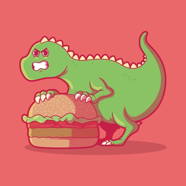 Dino Mignon Tenant Une Illustration Vectorielle Burger Concept De Design De Marque Animale Alimentaire