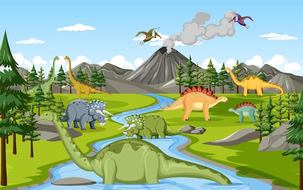 Dinosaure dans la scène forestière préhistorique