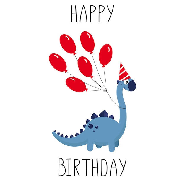 Dinosaure de dessin animé avec des ballons rouges Joyeux anniversaire