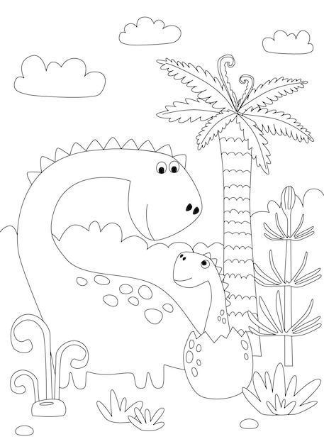 Dinosaure De Dessin Animé Diplodocus Et Petit Dino Illustration Vectorielle Noir Et Blanc Pour Livre De Coloriage