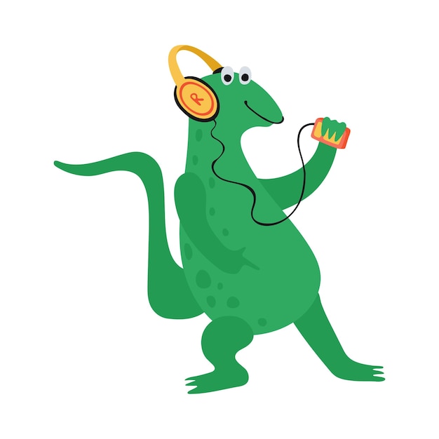 Vecteur dinosaure drôle écoute de la musique avec des écouteurs en style cartoon isolé sur fond blanc personnages animaux mignons et lumineux pour les enfants illustration vectorielle