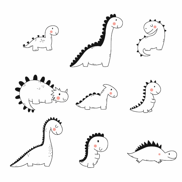 Dinosaure mignon dans un style doodle Collection drôle de dino Définir des illustrations pour les enfants