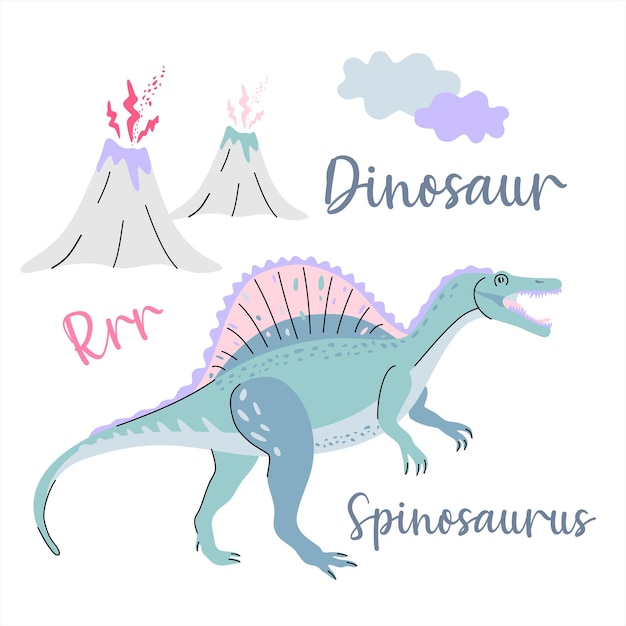 Dinosaure Mignon Dessiné Comme Vecteur Sur Blanc Pour Les Enfants Fashion Palm Et Volcan Spinosaurus