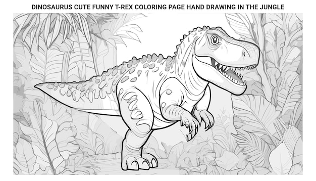 Dinosaure mignon et drôle de Trex à colorier dessin à la main dans la jungle