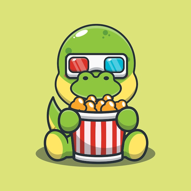 Dinosaure Mignon Mangeant Du Pop-corn Et Regardez Un Film En 3d Illustration De Dessin Animé Animal Mignon