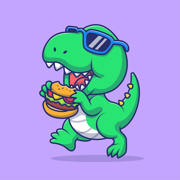 Vecteur dinosaure mignon mangeant un hamburger avec des lunettes cartoon vector icon illustration animal food isolated flat