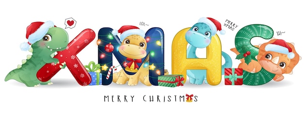 Dinosaure Mignon Pour Joyeux Noël Avec Jeu D'illustrations à L'aquarelle