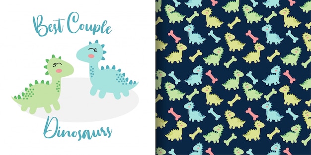 Dinosaures De Couple Doodle Mignon Dessinés Avec Un Modèle Sans Couture à La Main