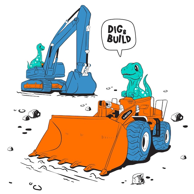 Les dinosaures dans l'excavatrice essaient de construire une illustration vectorielle