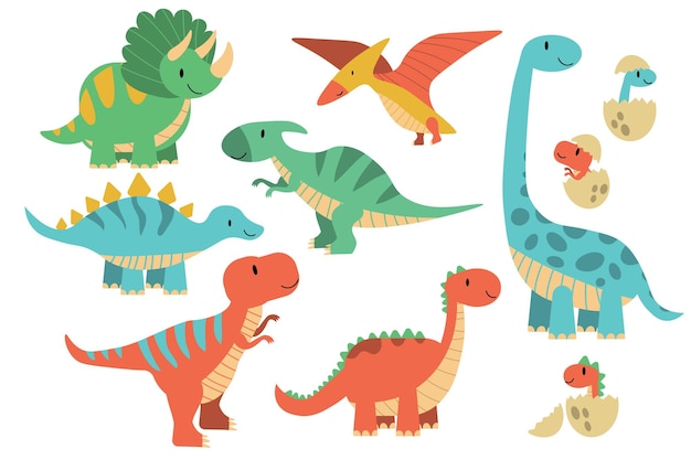 Dinosaures de dessin animé Bébé dino animaux préhistoriques Dinosaure mignon période jurassique animal stegosaurus brachiosaurus trex et ptérosaures EPS