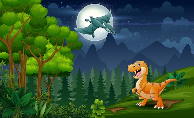 Dinosaures De Dessin Animé Jouant Dans Le Paysage Nocturne