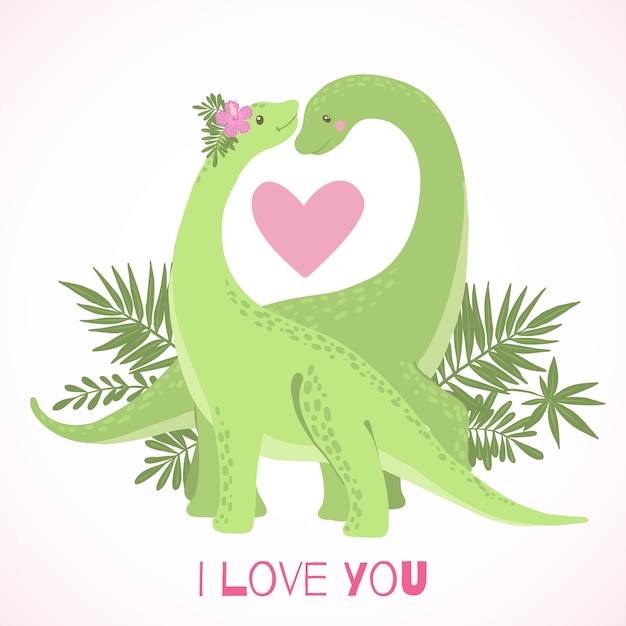 Dinosaures De Dessin Animé Mignon Amoureux Isolés Sur Blanc.