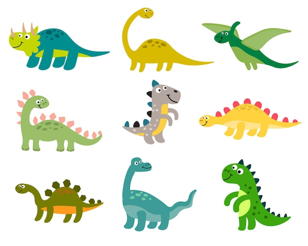 Dinosaures de dessin animé mignon mis en style plat isolé sur fond blanc