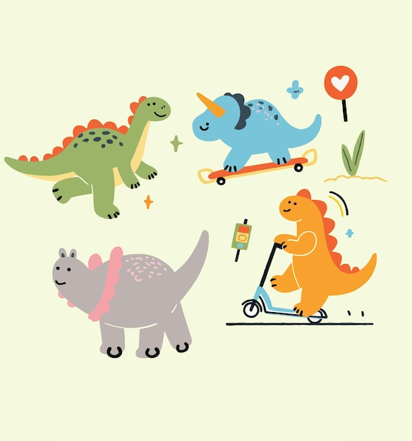 Des dinosaures de dessins animés mignons qui jouent et s'amusent
