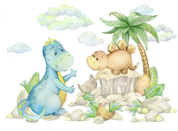Dinosaures, feuilles tropicales, pins, nuages, rochers. Monde préhistorique aquarelle, sur un fond isolé.