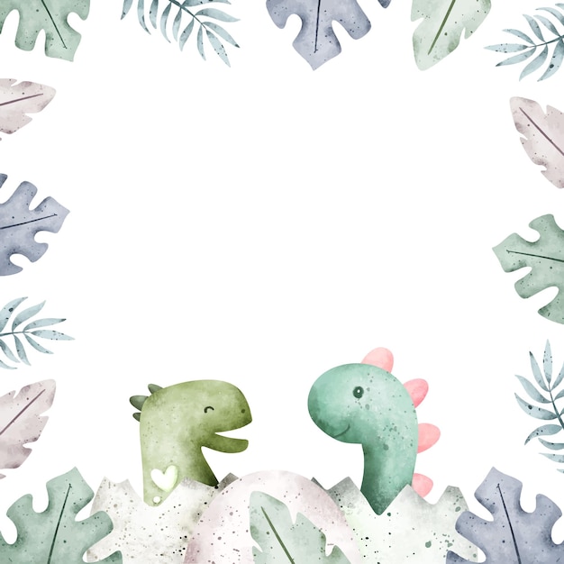 Dinosaures Mignons Aquarelles Dans Un Cadre De Feuilles