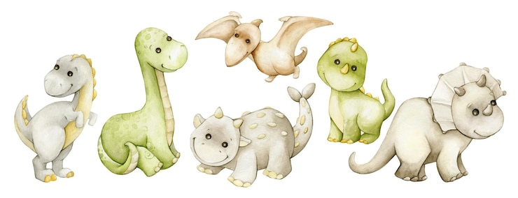 Vecteur dinosaures mignons en style cartoon peints à l'aquarelle animaux préhistoriques de couleurs pastel sur un fond isolé