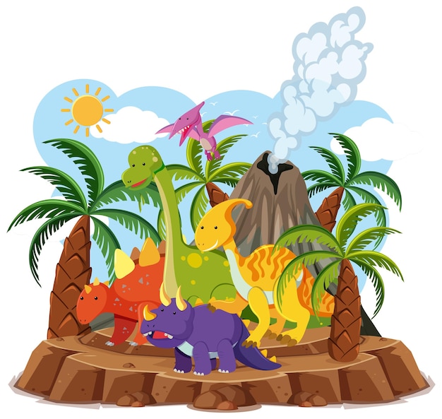 Dinosaures mignons avec volcan en éruption isolé sur fond blanc
