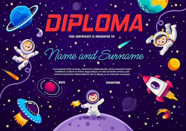 Diplôme d'astronaute pour enfants avec fusée spatiale de dessin animé et planètes dans le certificat de vecteur de l'espace extra-atmosphérique de la galaxie étoilée