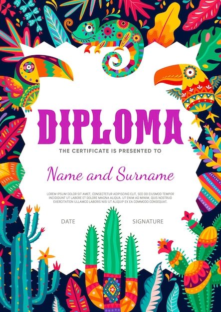 Diplôme de dessin animé d'enfant, toucans mexicains et caméléon