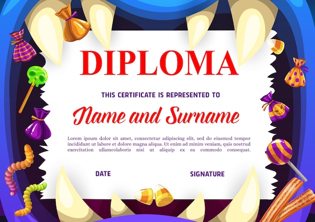 Diplôme d'école d'enfants avec des bonbons d'Halloween