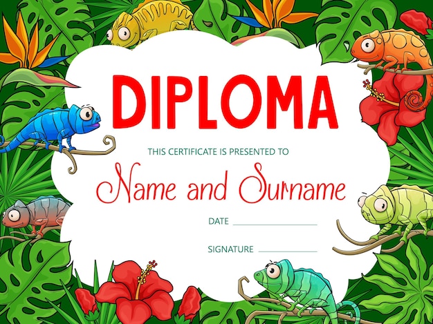 Diplôme D'éducation Des Enfants Avec Des Caméléons De Dessins Animés Dans La Jungle Tropicale. Certificat De Remise Des Diplômes, Prix De Réussite Et Cadeau D'honneur Avec Cadre De Fond De Lézards Caméléons Et De Fleurs De Palmier