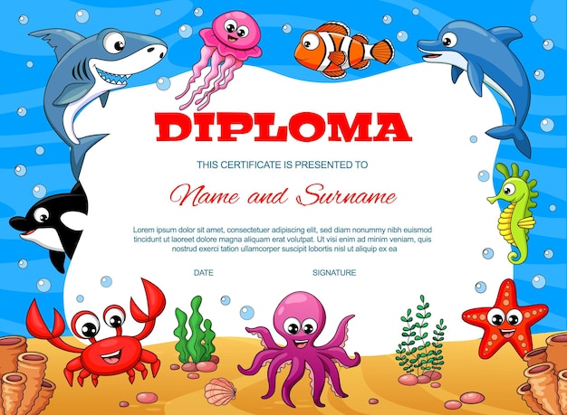 Diplôme D'enfants Avec Cadre De Fond De Vecteur Animal De Mer De Dessin Animé Sous-marin Diplôme D'éducation De L'obtention Du Diplôme De Maternelle