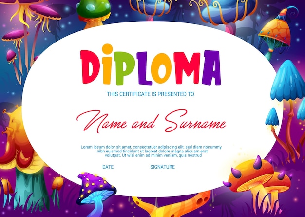 Diplôme de fin d'études pour enfants avec des champignons féeriques magiques