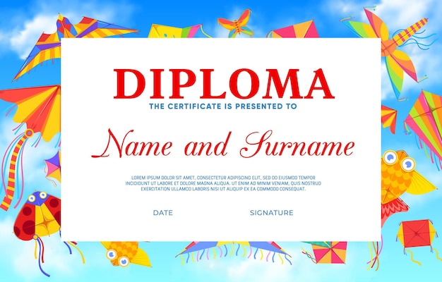 Diplôme pour enfants avec certificat d'éducation au cerf-volant