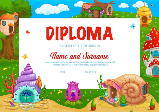 Diplôme Pour Enfants Avec Champignon De Dessin Animé, Fleur Et Ruche, Coquillage Vectoriel Et Habitations De Fées De Souche. Certificat Ou Diplôme D'études Avec Des Maisons Gnomes Ou Naines En Rondins D'arbres Et Coquillages Sous-marins