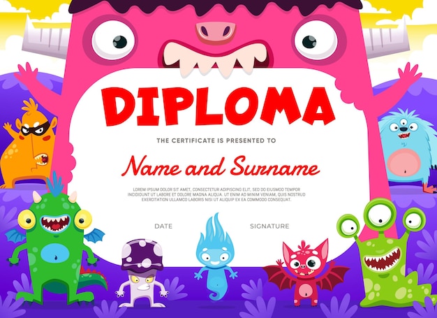 Diplôme Pour Enfants Avec Des Personnages De Monstres De Dessin Animé