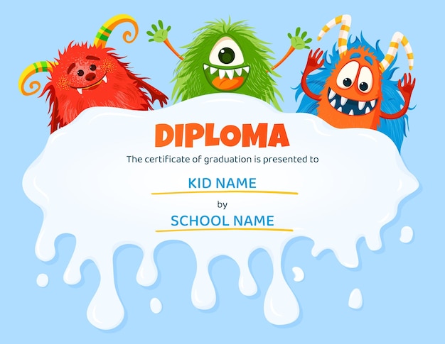 Diplôme Pour Enfants Avec Des Personnages De Monstres Drôles De Dessins Animés. Modèle De Cadre De Prix D'éducation Pour L'école