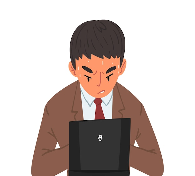 Un directeur masculin en sueur stressé assis devant un ordinateur travaille dur avec une illustration vectorielle sur fond blanc.