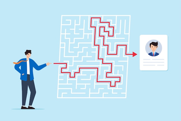 Le directeur des ressources humaines navigue dans le labyrinthe des profils de candidats, le processus d'embauche complexe, la recherche du meilleur chemin.