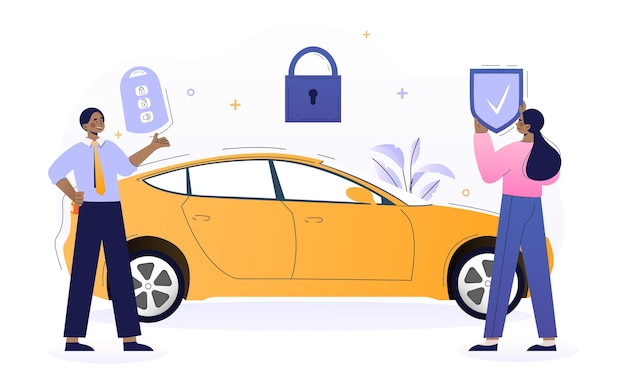 Vecteur un directeur des ventes de véhicules installe une alarme de voiture dans une nouvelle voiture. une femme heureuse avec une clé de voiture et un bouclier.