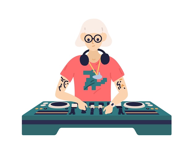 Le Disc-jockey à La Mode Joue De La Musique De Danse électronique Sur La Console Dj. Musicienne Mixant Des Enregistrements Sonores Sur Le Panneau De La Platine. Illustration De Dessin Animé De Vecteur Plat De Lecteur De Musique Isolé Sur Blanc.