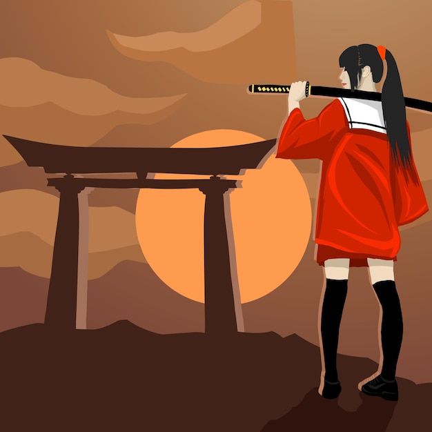 Vecteur disciple de samouraï devant l'illustration de la porte torii