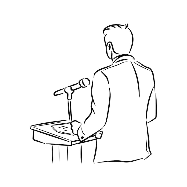 Vecteur discours d'un homme politique debout avec un microphone et une ligne de podium illustration vectorielle dessinée à la main