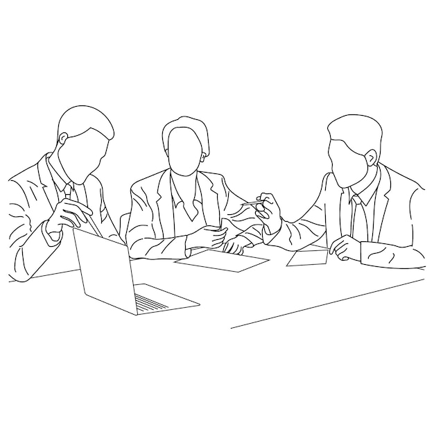 Vecteur discussion d'affaires entre les travailleurs dans le bureau dessinée à la main illustration vectorielle ligne d'art