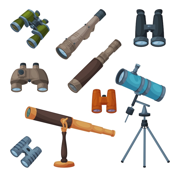 Vecteur dispositifs optiques collection de jumelles télescope à lunettes de vue recherche scientifique equipement d'agrandissement illustration vectorielle
