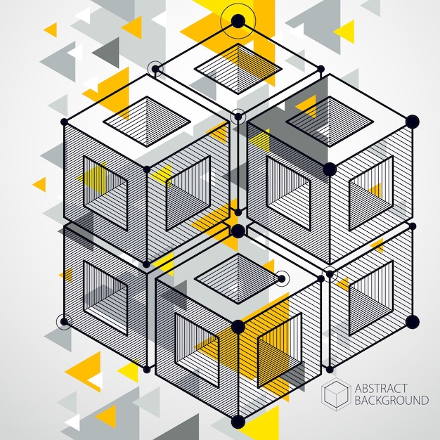 Disposition de conception jaune modèle 3D pour brochure, dépliant, affiche, publicité, couverture, arrière-plan moderne abstrait vectoriel. Composition de cubes, hexagones, carrés, rectangles et différents éléments abstraits