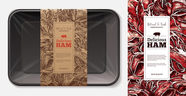 Vecteur disposition des étiquettes de viande alimentaire avec plateau en mousse réaliste 3d avec modèle d'étiquette en papier craft