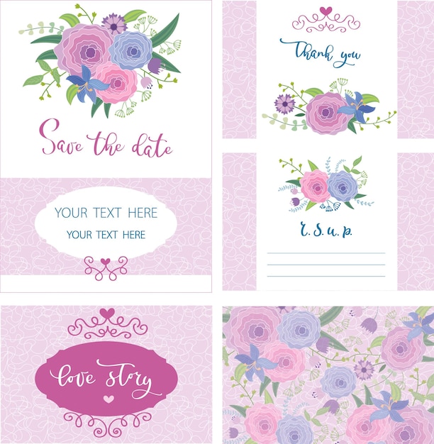 disposition vectorielle des cartes d'invitation pour un mariage. lettrage et motif floral. tons pastels