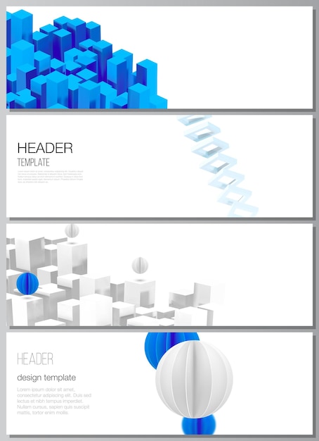 Disposition vectorielle des en-têtes, modèles de bannières pour la conception de pied de page de site Web, conception de flyer horizontal, arrière-plans d'en-tête de site Web. Composition vectorielle de rendu 3D avec des formes bleues géométriques dynamiques en mouvement.