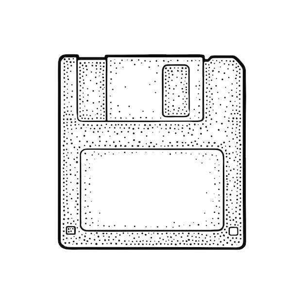 Disquette Avec étiquette Vierge Pour Ordinateur Personnel Gravure Illustration Vectorielle Vintage Noir Isolé Sur Fond Blanc élément De Design Dessiné à La Main Pour L'étiquette Et L'affiche