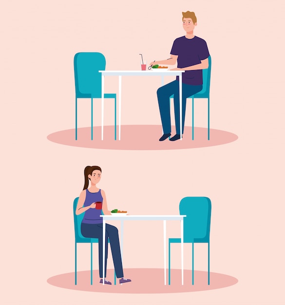 Distance Sociale Dans Un Restaurant Nouveau Concept, Couple Sur Table, Protection, Prévention Du Coronavirus Covid 19